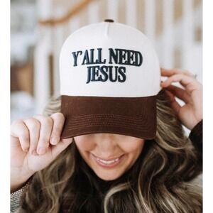 Jenessa Wait Yall Need Jesus Baseball Cap Tan Brown Trucker Hat NWOT